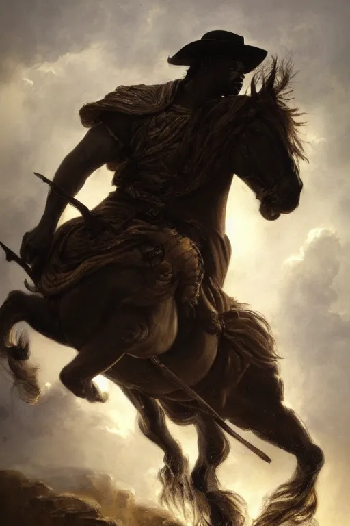Prompt: a dramatic ethereal epic painting of a man sitting on a horse | he is black, chubby, and wearing a cowboy hat | homoerotic, highly detailed, realistic, dramatic lighting | by Mark Maggiori, by William Herbert Dunton, by Charles Marion Russell | trending on artstation