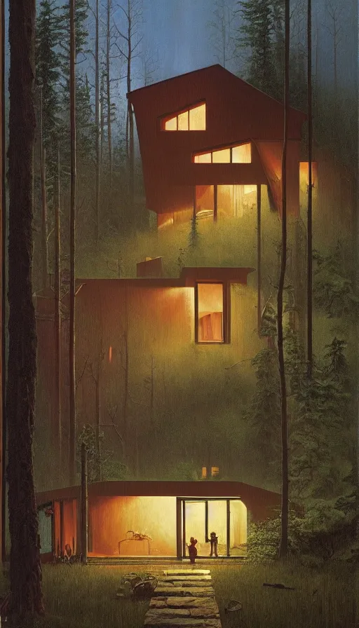 Image similar to cozy ultra modern home in the woods moody lighting, highly detailed, painting by zdzisław beksinski and norman rockwell and greg rutkowskiweta studio, and lucasfilm