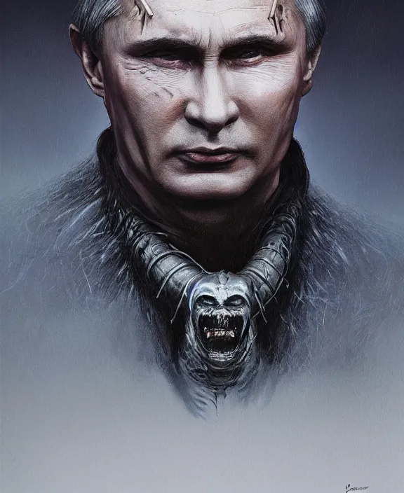 Image similar to portrait of vladmir putin with devil horns by hr giger and beksinski and stephan martiniere, trending on artstation, 4 k resolution, detailed, high quality, hq artwork