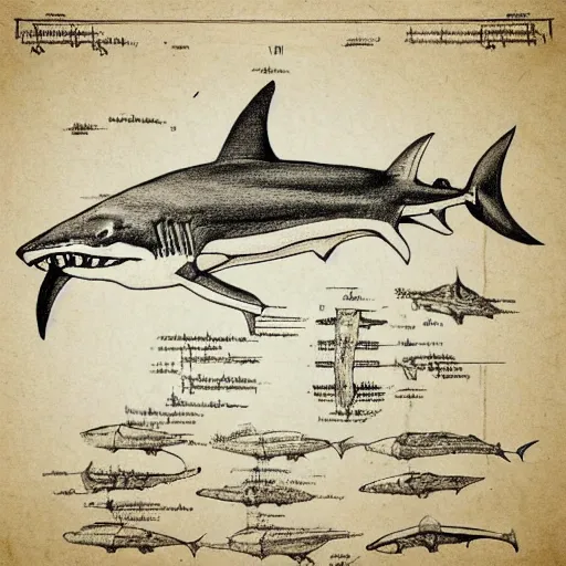 Image similar to anatomical drawing of shark, davinci style, medical drawing, blueprint, schematic, old school