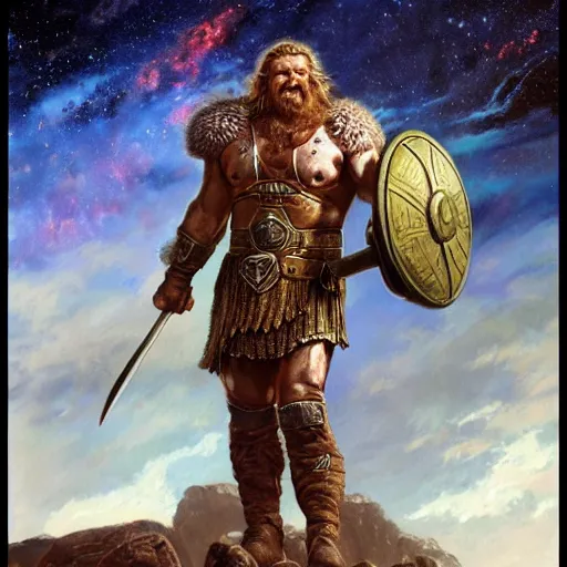 Image similar to photoreal full body of a hulking viking warrior in scifi armour on a rocky planet, nebula milky way background, by norman rockwell and boris vallejo, artstation, concept character art