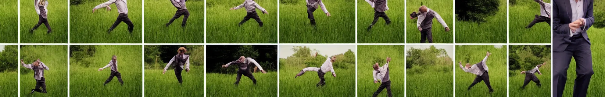 Prompt: 8 frames from a video of a man dancing in a grass field
