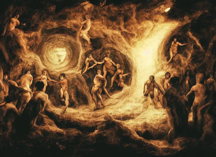 Prompt: crowd of people, water portal to hell located in heaven, photorealistic, rule of thirds, 4 k, dark bright effect, alvah angelrune, michelangelo, version 3