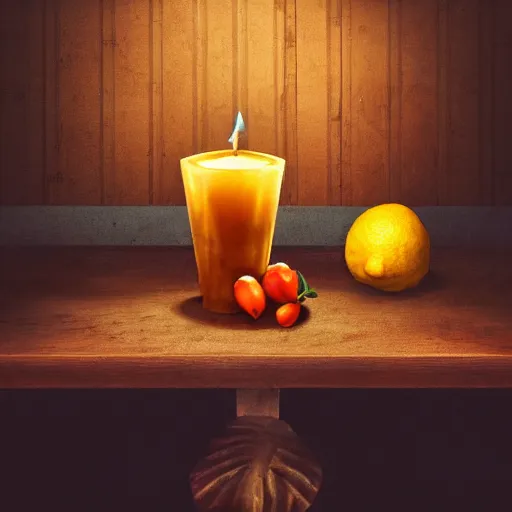 Image similar to still art, antique jug with palms inside on wooden antique table, old candle, much vegetables, lemon, orange, pepper, cinematic light, contrast shadows, dark light, detailed, digital art, concept art, trending on artstation, highly detailed, intricate, sharp focus, digital art, 8 k