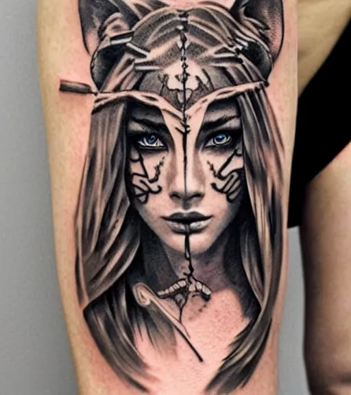 Image similar to tattoo design of a beautiful girl warrior under a tiger head, hyper realistic, realism tattoo, by eliot kohek, beautiful eyes, realistic face, black and white, white background