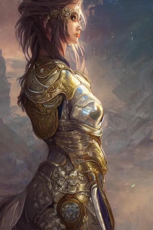 Image similar to portrait knights of Zodiac girl, silver and ice color reflected armor, in ruined Agora of Athens, ssci-fi, fantasy, intricate, very very beautiful, elegant, golden light, highly detailed, digital painting, artstation, concept art, smooth, sharp focus, illustration, art by WLOP and tian zi and alphonse mucha