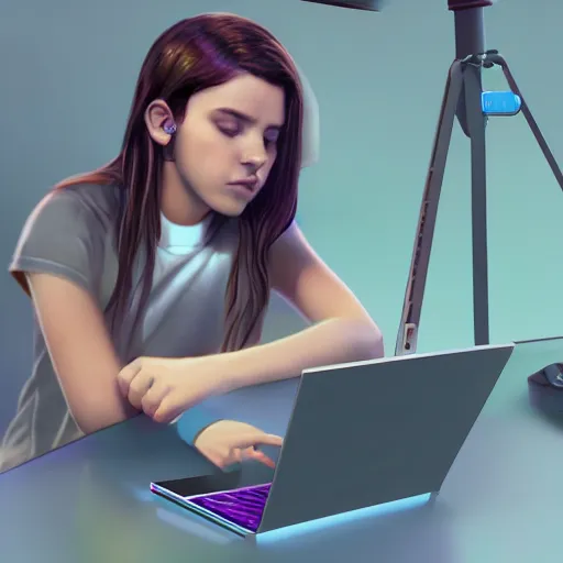 Image similar to realistic teenager using laptop in super tech room, artstation trends, concept art, highly detailed, intricate, sharp focus, digital art, 8 k