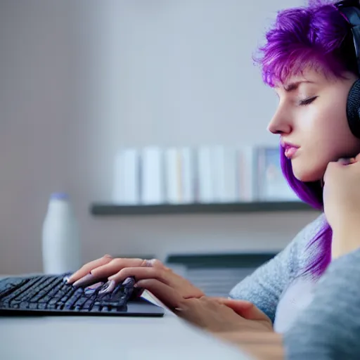 Image similar to beautiful purple - haired female sleeping at computer, wearing headphones, snoring