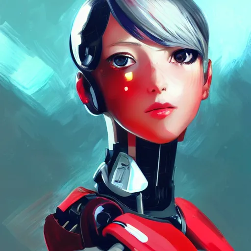 Prompt: A cyborg girl with big and cute eyes, fine-face, realistic shaded perfect face, fine details. red and black robotic parts. Very anime. Realistic shaded lighting poster by Ilya Kuvshinov katsuhiro, magali villeneuve, artgerm, Jeremy Lipkin and Michael Garmash, Rob Rey and Kentarõ Miura style, trending on art station