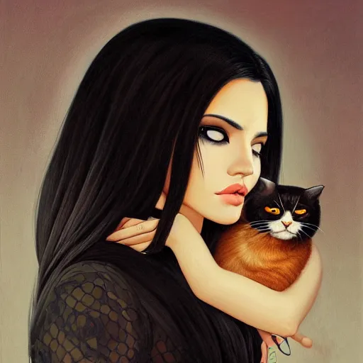 Image similar to a painting of an emo mexican woman with long dark hair thick eyebrows dark eyes and dark circles wide nose big eyes oval face shape big cheeks holding her cat, photorealistic painting by tran nguyen and ilya kuvshinov, featured on deviantart, gothic art, goth, gothic, detailed painting