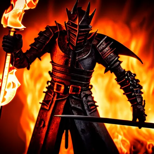 Image similar to photo of a hell knight with a flaming sword, highly detailed, 4k, HDR,