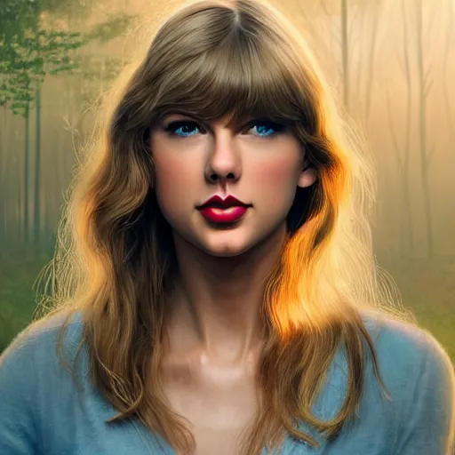 Image similar to taylor swift holding her hand out for you, long hair with bangs, Crystal clear blue eyes, wide-shot, beautiful fog lit forest backround, oil colors, watery lake, elegant, sharp focus, cute face, Hyper-realistic, Highly Detailed, HD, Dramatic Lighting by Brom, by beeple, studio ghibli, wallpaper, highly detailed, trending on artstation