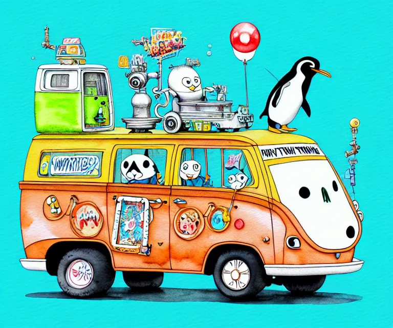 Image similar to cute and funny, penguin riding in a tiny mystery machine van with an oversized engine, ratfink style by ed roth, centered award winning watercolor pen illustration, isometric illustration by chihiro iwasaki, edited by range murata, tiny details by artgerm and watercolor girl, symmetrically isometrically centered, sharply focused