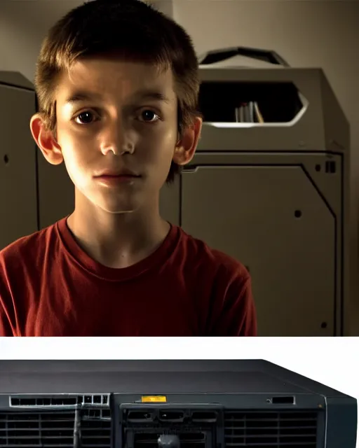 Prompt: 8k professional photo of an 8 years old enlightened and scared boy standing in front of an old computer from 90s with a game doom2 at the monitor screen, still from a 2021 movie by Alfonso Cuaron and James Cameron