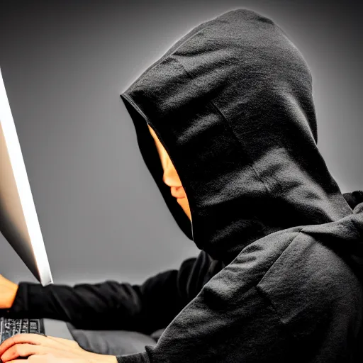 Image similar to realistic photo of hacker, black background, hood, face doesn't visible, computer, extremely detailed, sharp focus, front view, minimalism, masterpiece,