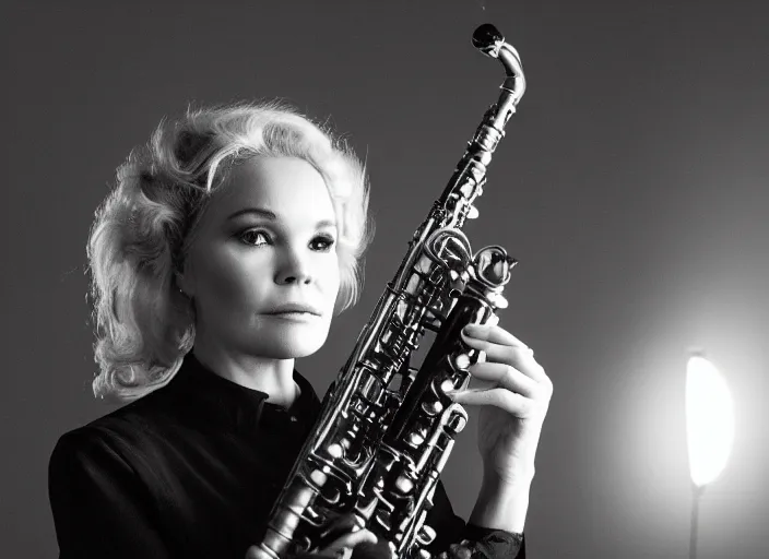 Image similar to photo still of tuesday weld playing a clarinet, 8 k, studio lighting bright ambient lighting key light, 8 5 mm f 1. 8