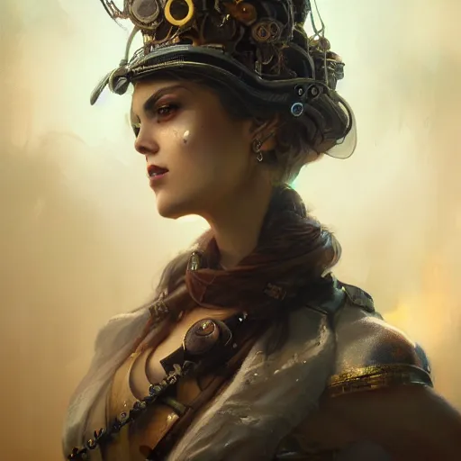 Image similar to a beautiful portrait of a steampunk goddess, a detailed painting by greg rutkowski and raymond swanland, featured on cgsociety, fantasy art, detailed painting, artstation hd, photorealistic