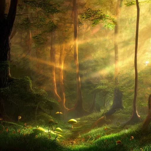 Image similar to tall mysterious woods, light shining through, mushrooms on the ground, warm lighting, concept art, award winning concept art, Thomas Cole, 4k, 8k,