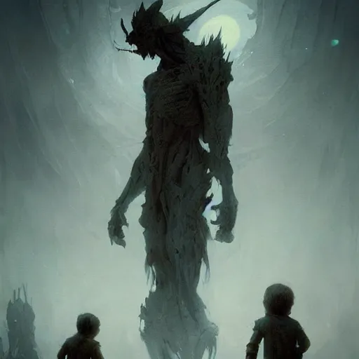 Image similar to a beautiful terrifying immense pale humanoid giant looms over a tiny human. ethereal horror fantasy art by greg rutkowski