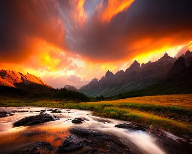 Prompt: landscape photography by marc adamus, stream, sunset, dramatic lighting, mountains, clouds, beautiful