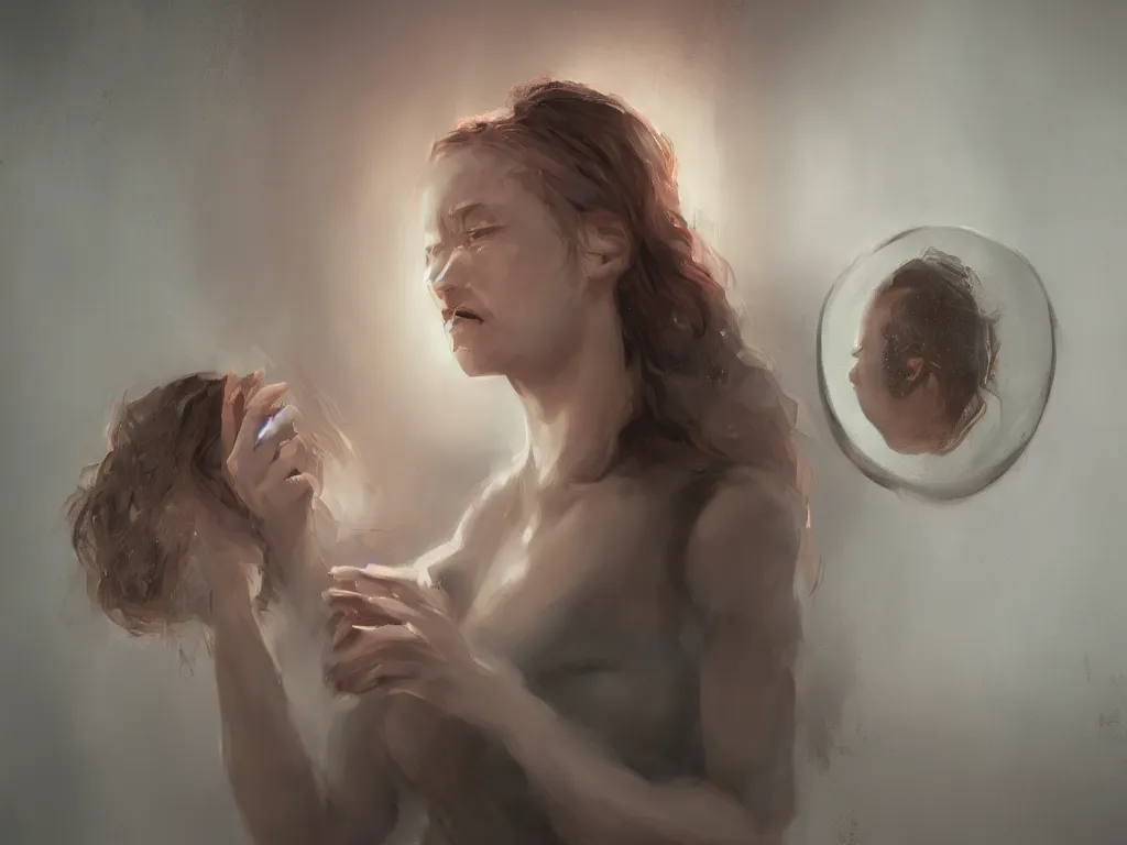 Image similar to a portrait of a woman looking at a broken mirror while crying, digital painting, trending on artstation, deviantart, 8k, epic composition, intrinsic details, perfect coherence