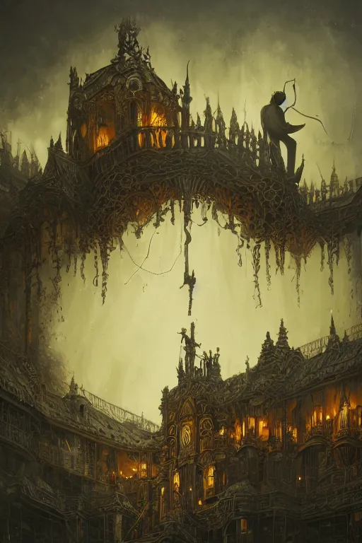 Image similar to illustration of close low angle view of an ornate obsidian gothic pipe organ with gold spidery embellishments, night, smoke, ground fog, by peter mohrbacher, by alex andreev, by jacek yerka, by alan lee, large depth of field, super detailed, digital art, trending on artstation, ornate