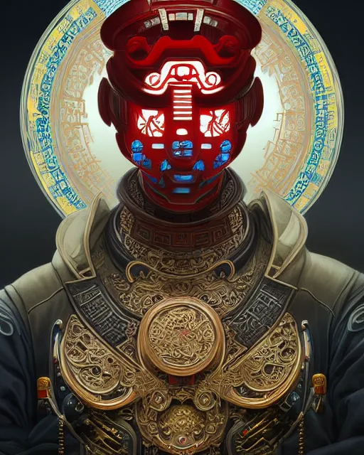 Image similar to portrait of a chinese masculine male cyberpunk machine, machine face, upper half portrait, decorated with chinese opera motifs, muscular arms, asian, fine china, wuxia, traditional chinese art, intricate, elegant, highly detailed symmetry headpiece digital painting artstation concept art smooth sharp focus illustration, art by artgerm and greg rutkowski alphonse mucha 8 k