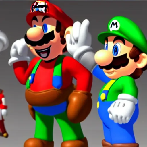 Prompt: Amazing detailed render of Super Mario as a body builder in a weight lifting competition, extremely muscular, steroids, veins popping out, lifting a massively oversized weight, a crowd is cheering in the background. Next to Mario is a very skinny and weak looking Luigi, he is making a shocked face and is pointing at Mario. 3D, unreal engine, HDR