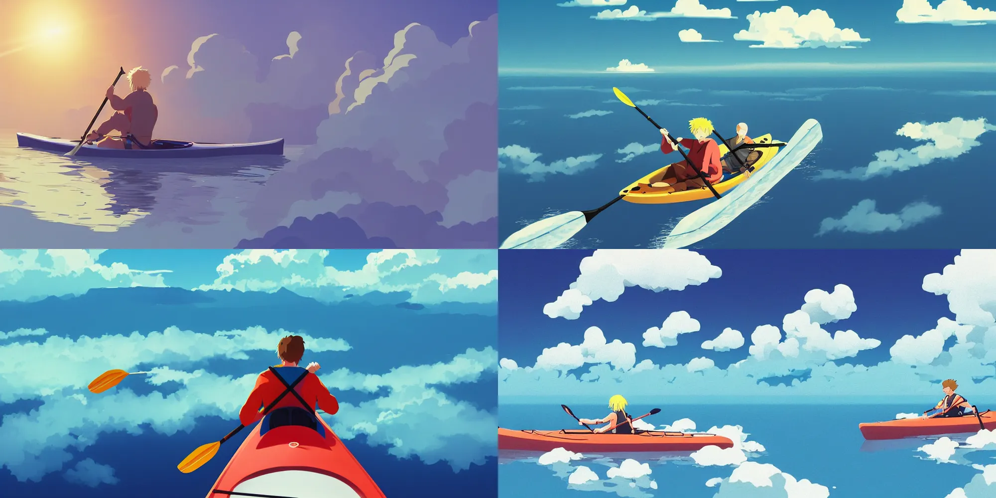 Prompt: blond kayaker paddling in his `light blue kayak`!!!!! above the clouds in the sky, by James Gilleard, studio ghibli, highly detailed trending at artstation, 4k, hdr, backlight