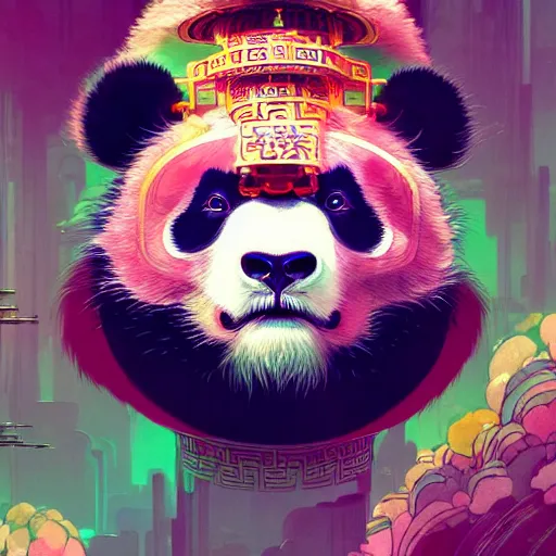 Image similar to a beautiful hyperdetailed character design 4 k wallpaper illustration of a cute panda with a chinese lion dance head victo ngai cyberpunk style, from china, style of studio ghibli, makoto shinkai, raphael lacoste, louis comfort tiffany, artgerm, james jean, ross tran, chinese style