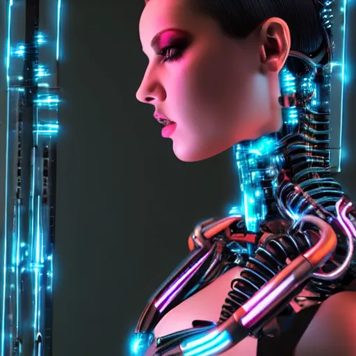 Image similar to an immaculate octane redshift high key lighting headshot rendering of an attractive curvy cybernetic goth woman with embedded LEDs, a cybernetic eye, and an exoskeleton.