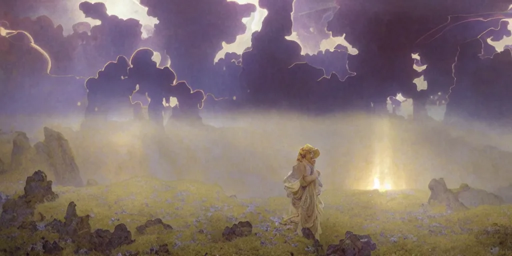 Prompt: photorealistic epic landscape with swirls of mist by alphonse mucha and maxfield parrish. ominous clouds, intense light beams, strange levitating stones, stones falling from the sky, swirls of mist by alphonse mucha. occult photorealism, uhd, amazing depth, glowing, volumetric lighting, cinematic lighting.