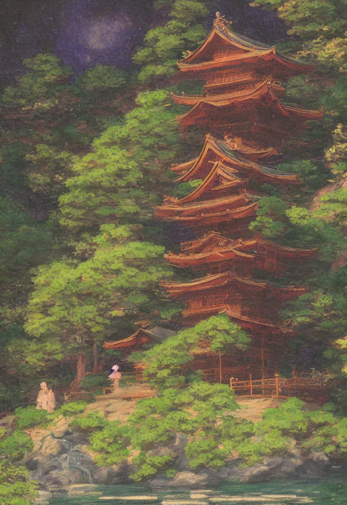 Prompt: very small kawai yokai in front of a japanese temple in the mountain. gorgeous epic nature, lofi, vivid colors, amazing light, by jeremy lipkin, by claude monet, heavily inspired by makoto shinkai, kandinsky touches, inspired by ghibli, masterpiece, multiple brush strokes, impressionist style