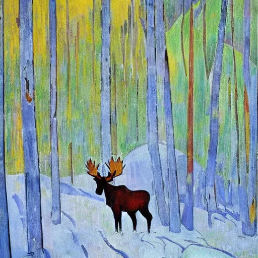 Prompt: paul gaugin style painting, moose in winter forest, spruce trees