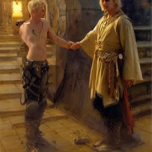 Image similar to attractive male, arthur pendragon who has blond hair confesses his love to attractive male, merlin who has dark hair. highly detailed painting by gaston bussiere, craig mullins, j. c. leyendecker 8 k