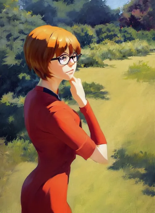 Image similar to Greg Manchess painting of Velma Dinkley, anime style, winged eyelashes, countryside, calm, fantasy character portrait, dark outlines, dynamic pose, above view, sunny day, artwork by Makoto Shinkai, very coherent asymmetrical artwork, sharp edges, perfect face, simple form, 100mm