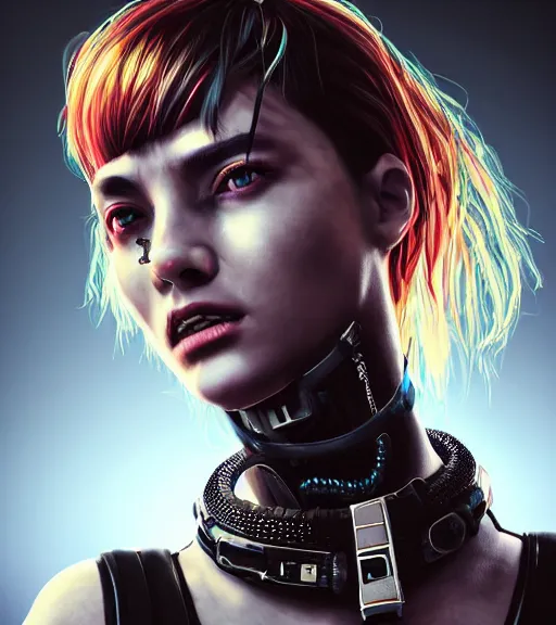 Image similar to detailed realistic female character cyberpunk wearing thick technological collar around neck, realistic, art, beautiful, 4K, collar, choker, collar around neck, punk, artstation, detailed, female, woman, choker, cyberpunk, neon, punk, collar, choker, collar around neck, thick collar, tight around neck, punk,