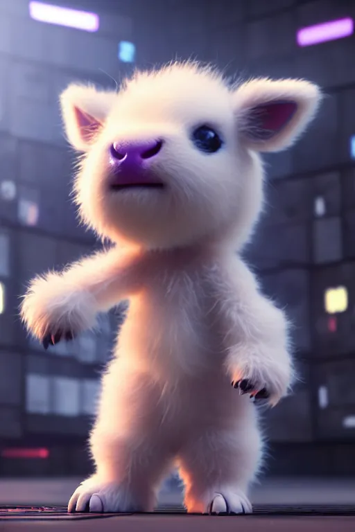 Prompt: high quality 3 d render very cute neuromancer fluffy! mutant cow playing! keyboard, highly detailed, unreal engine cinematic smooth, in the style of blade runner & detective pikachu, hannah yata charlie immer, moody light, low angle, uhd 8 k, sharp focus