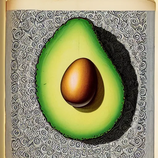 Image similar to a page from codex seraphinianus of blueprint of merging of emma watson with avocado