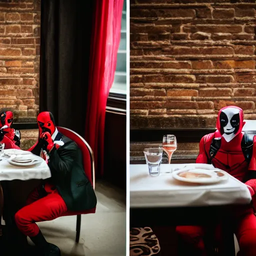 Image similar to joker eating at a fancy restaurant standing next to deadpool, 85mm f/1.4