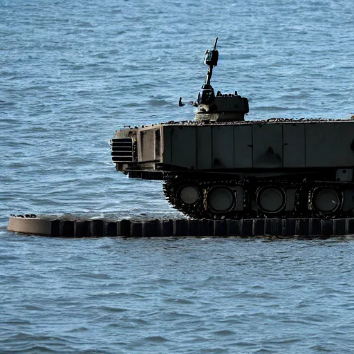 Image similar to photo of a military mech visible on the horizon standing in water