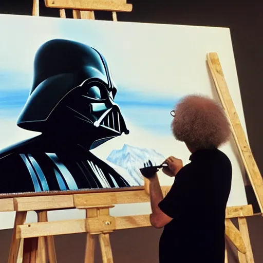 Image similar to a closeup photorealistic photograph of bob ross working on a canvas painting of darth vader. film still. brightly lit scene. mountains and trees. this 4 k hd image is trending on artstation, featured on behance, well - rendered, extra crisp, features intricate detail, epic composition and the style of unreal engine.