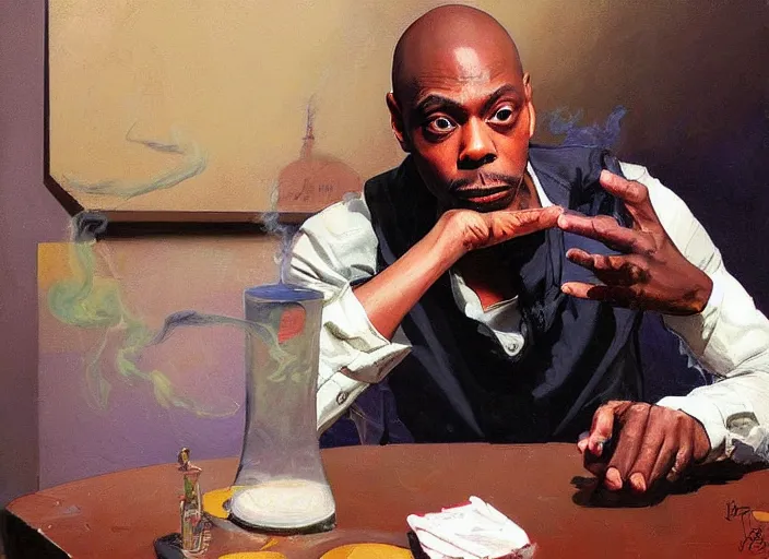 Prompt: a highly detailed beautiful portrait of dave chappelle smoking weed by gregory manchess, james gurney, james jean