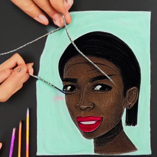 Image similar to black asian woman with cables instead of hair in dark chalk art style