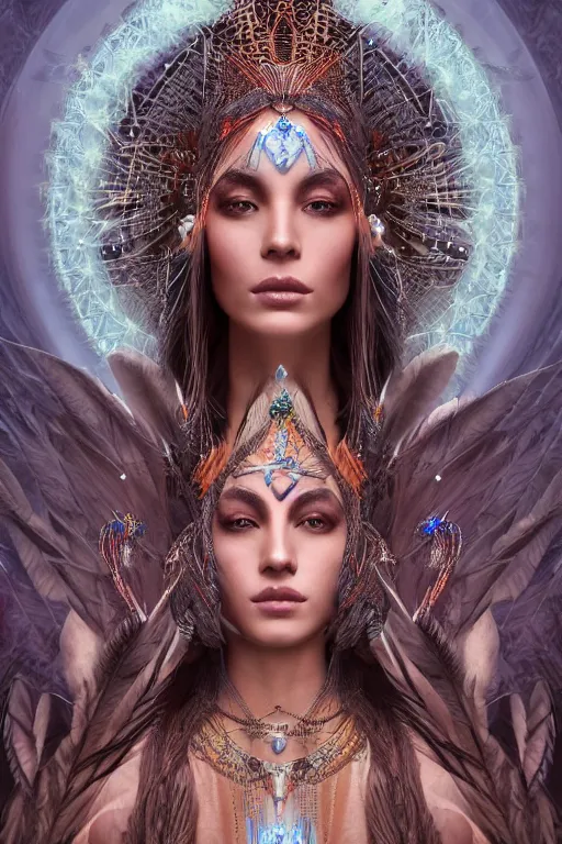 Prompt: a mystical render of a single alluring mystical tribal goddess adorned with feathers and gemstones and cables and synthesizer parts is surrounded by sacred geometry made from elven architecture, full body, gorgeous, perfect face, powerful, cinematic, beautifully lit, by artgerm, by karol bak, 3 d, trending on artstation, octane render, 8 k