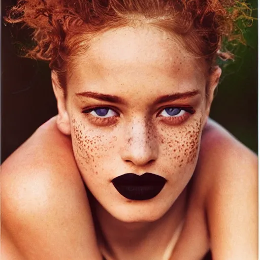 Image similar to a beautiful professional photograph by herb ritts and ellen von unwerth for vogue magazine of a beautiful lightly freckled and unusually attractive female fashion model looking at the camera in a flirtatious way, zeiss 5 0 mm f 1. 8 lens