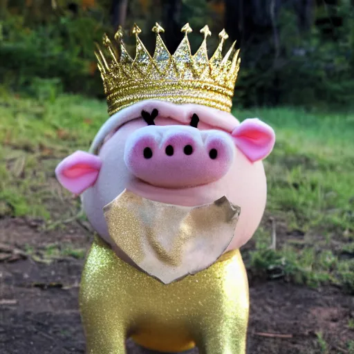 Prompt: pig hiker wearing a gold crown as a Muppet holding a silver platter 8k