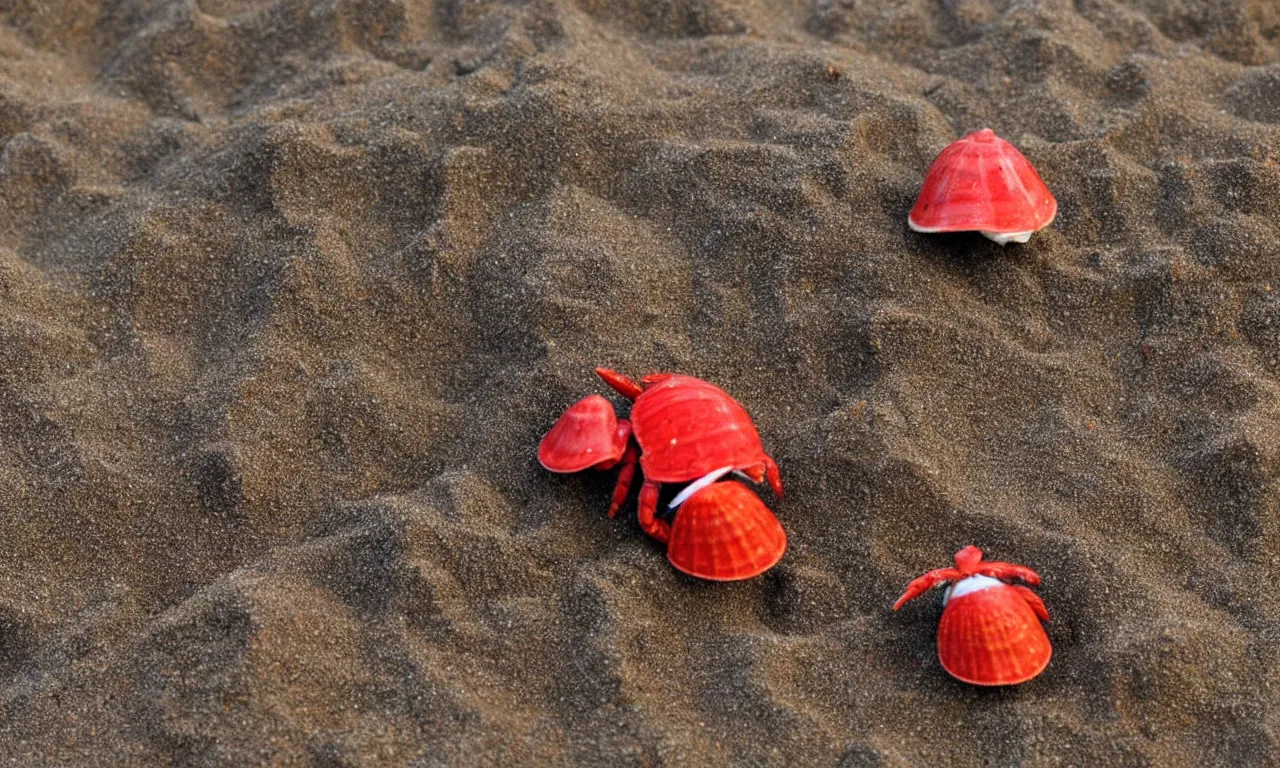 Prompt: three small red anthropomorphic hermit crab on sandy beach, cartoon