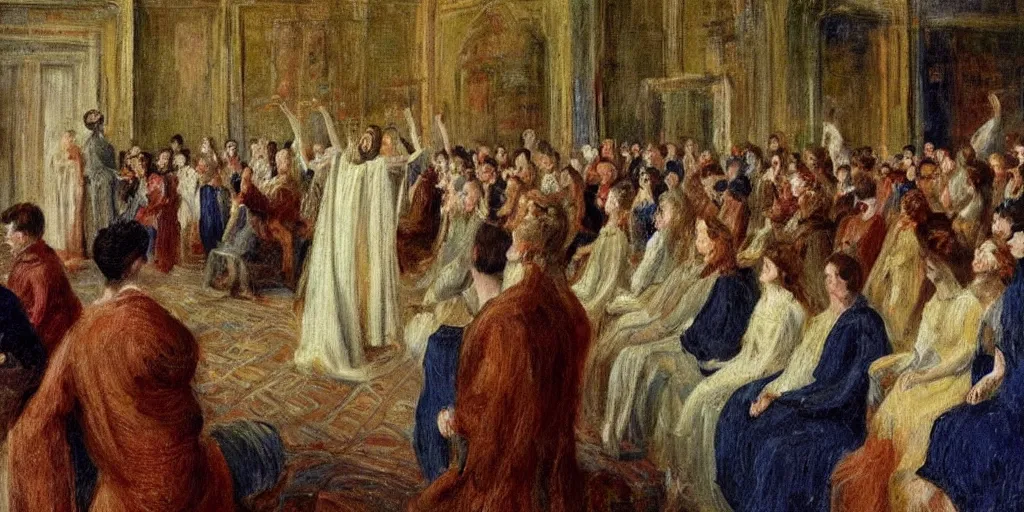 Image similar to an audience full of tall terrifying aliens in robes. They are watching a human ballet. in the victorian era. in the style of an impressionist painting.