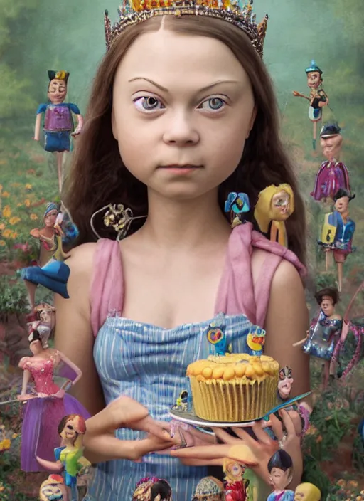 Image similar to closeup face profile portrait of greta thunberg as a tin toy fairytale princess wearing a crown eating cakes, bikini, depth of field, zeiss lens, fashion photoshoot, by nicoletta ceccoli, mark ryden, lostfish, dan decarlo, bob clampett, max fleischer, breathtaking, detailed, hyperrealistic, octane render
